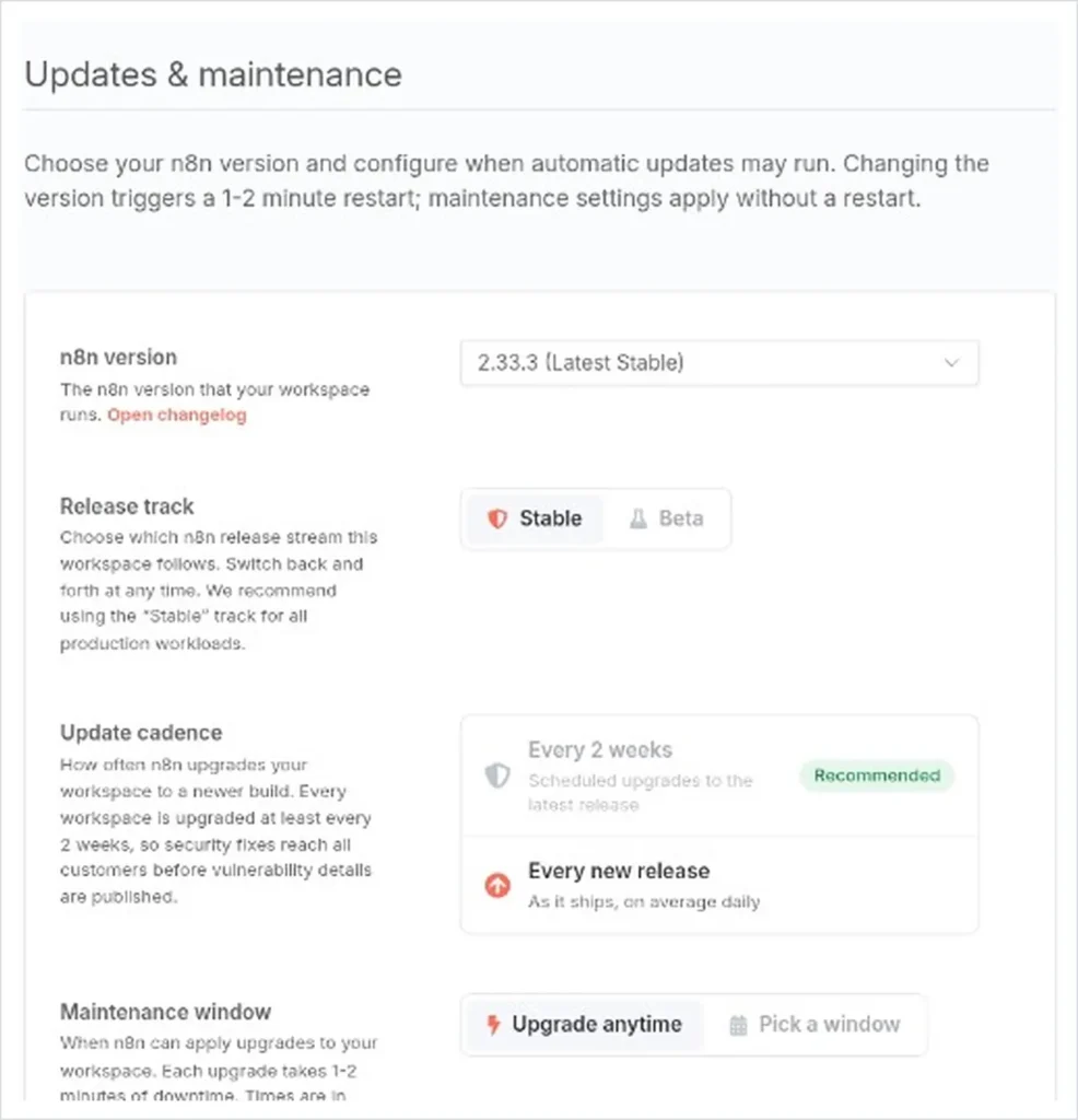 n8n Cloud settings showing version 2.33.3 and Stable release channel