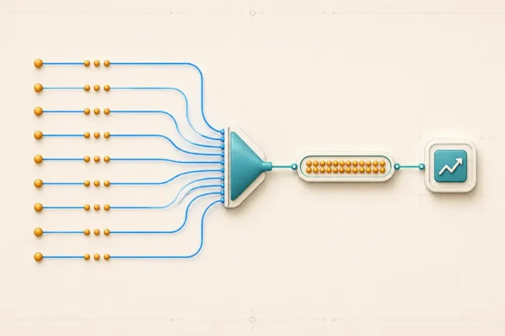 Multiple Make data bundles converging through an aggregator into one combined downstream bundle