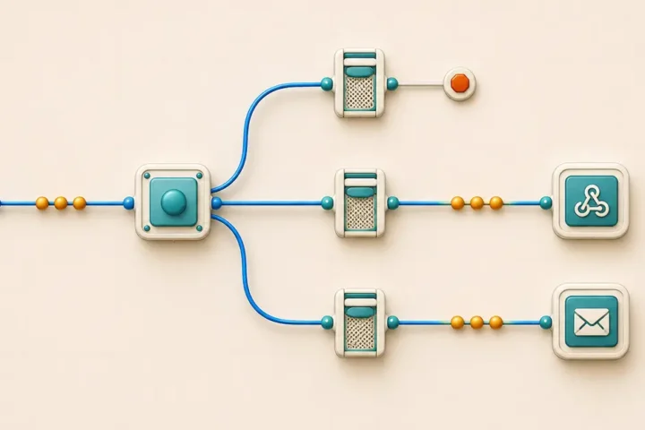 One Make router splitting bundles through three filters, with one route stopped and two routes reaching downstream actions