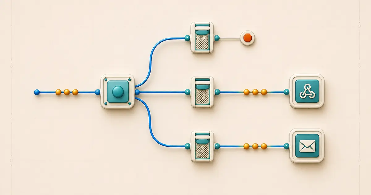 One Make router splitting bundles through three filters, with one route stopped and two routes reaching downstream actions