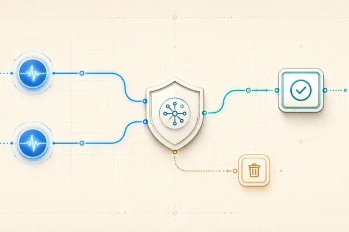 Two duplicate webhook events entering an idempotency gate with one protected action continuing