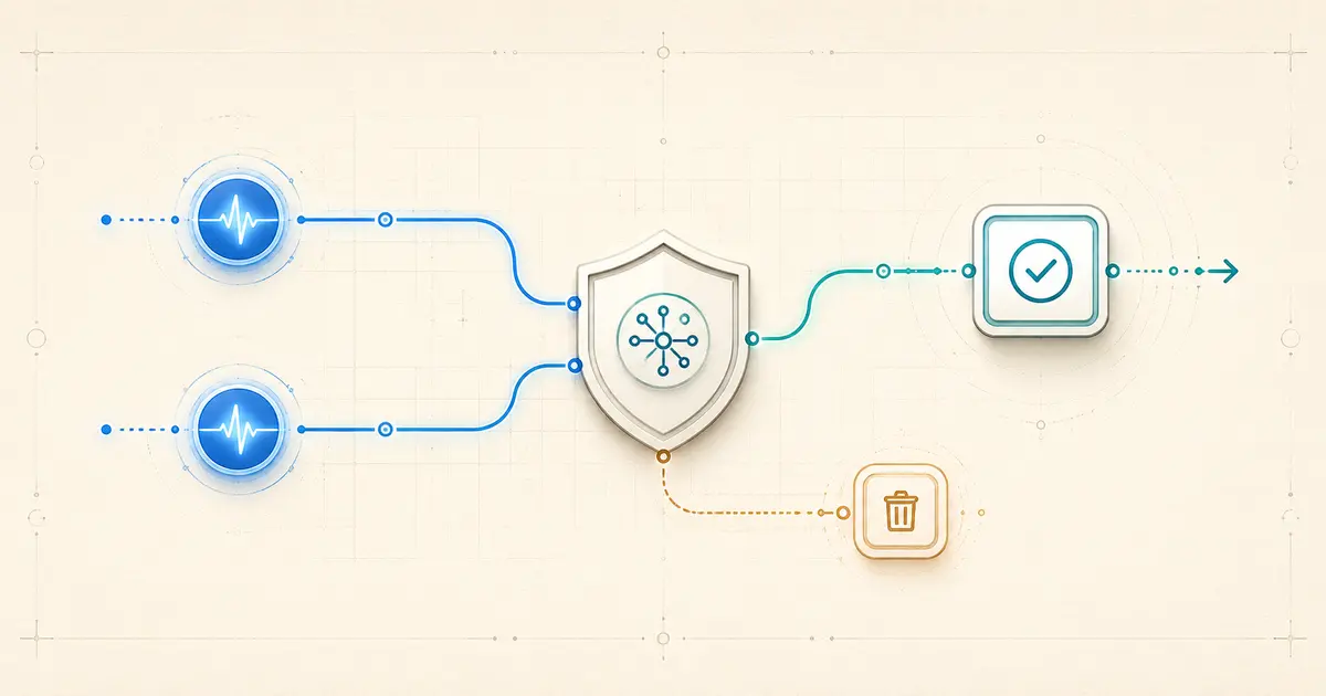 Two duplicate webhook events entering an idempotency gate with one protected action continuing