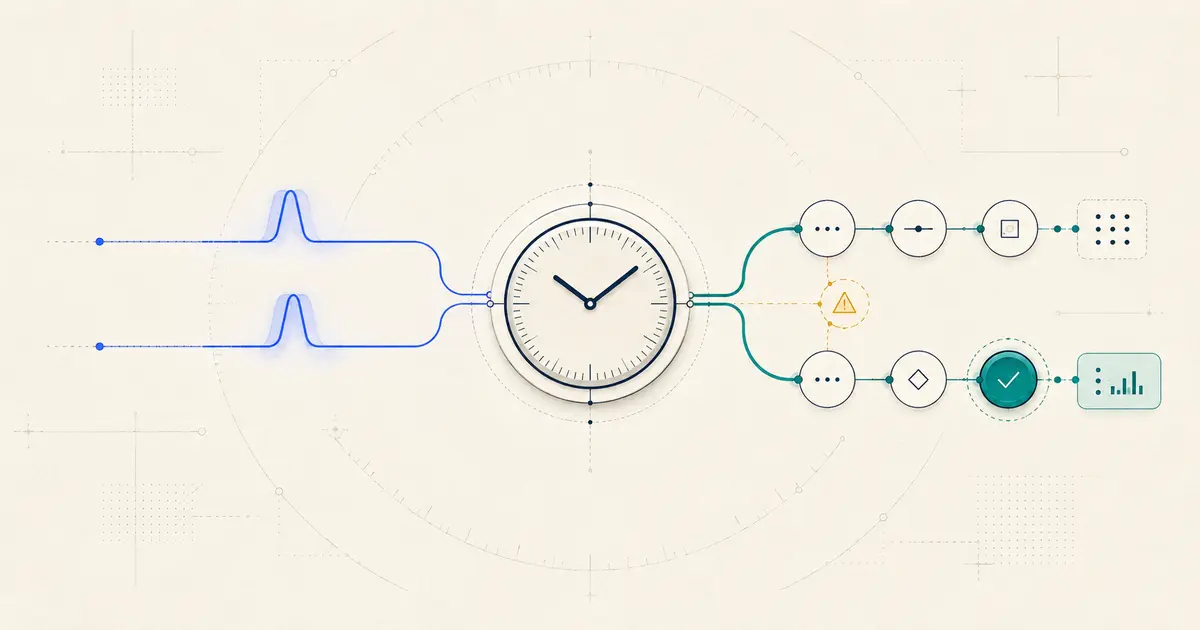 Two scheduled workflow paths converging on the same n8n execution window