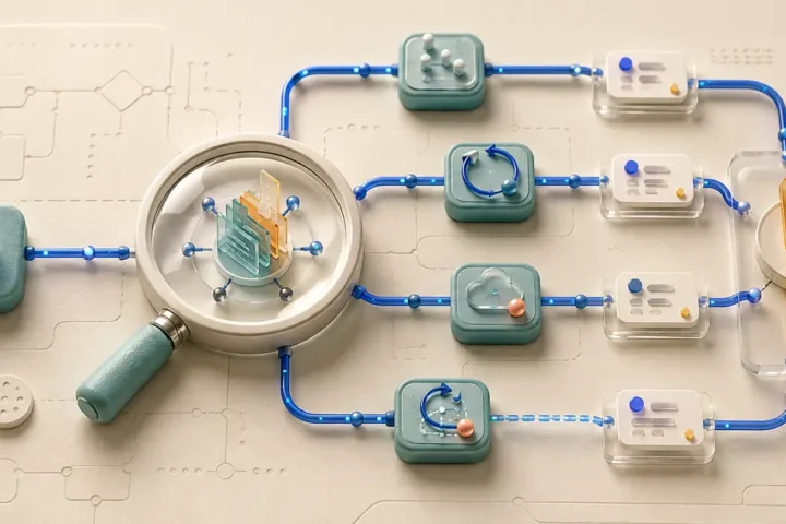 Magnifying lens tracing several workflow evidence paths to two matching destination records
