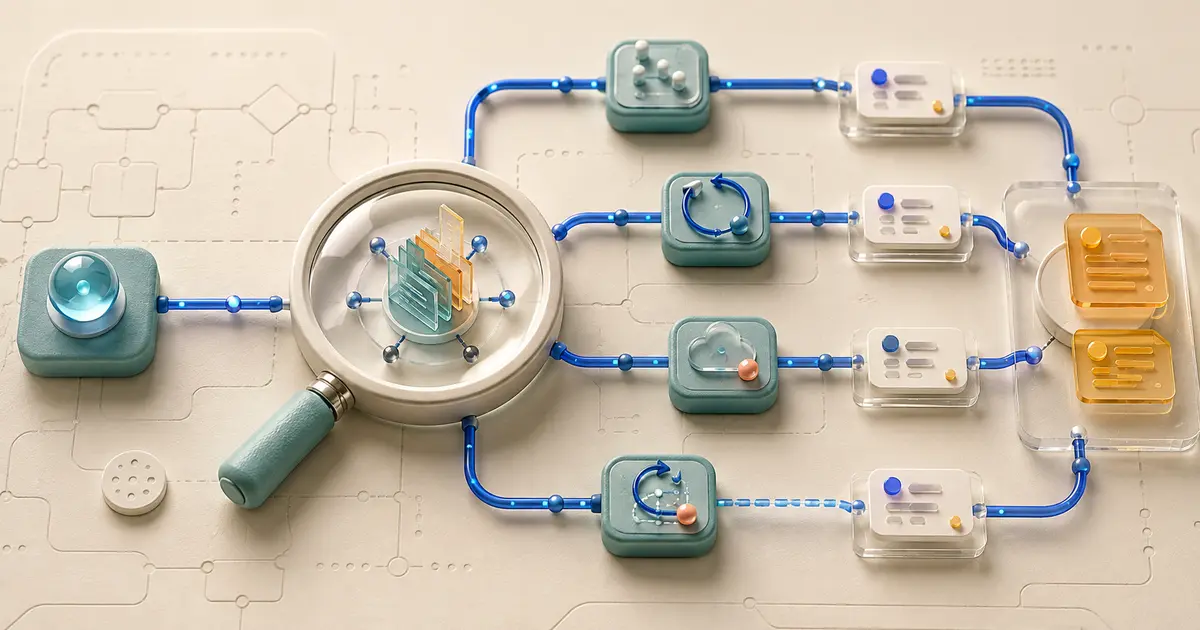 Magnifying lens tracing several workflow evidence paths to two matching destination records