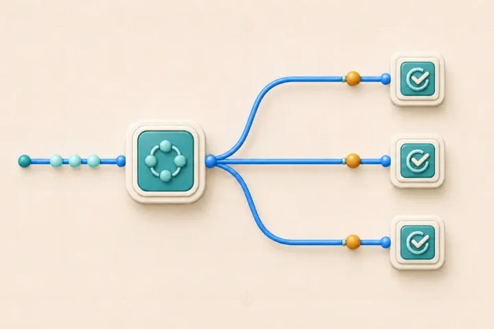A task-free loop module fanning three input items into parallel successful actions, each with one amber task token