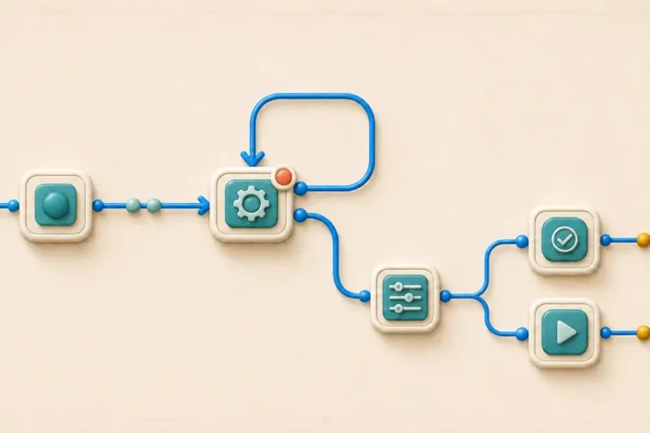 A failed workflow action with a retry arrow and a recovery branch leading through a control step to two successful task-using actions