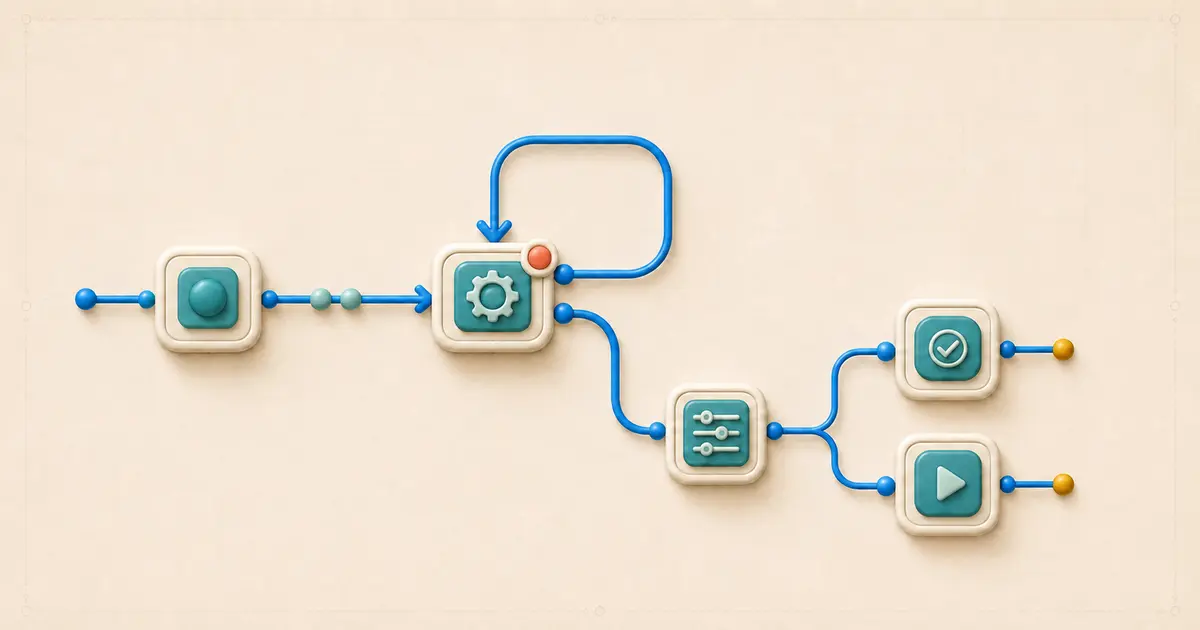 A failed workflow action with a retry arrow and a recovery branch leading through a control step to two successful task-using actions