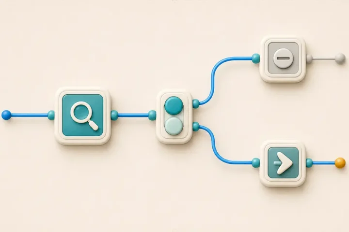 A search module splitting into a halted zero-task route and a successful route with one amber task token