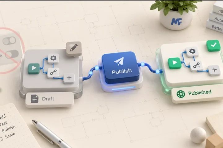 MetaFlowKit-style workflow desk showing draft changes connected through Publish to a live production workflow