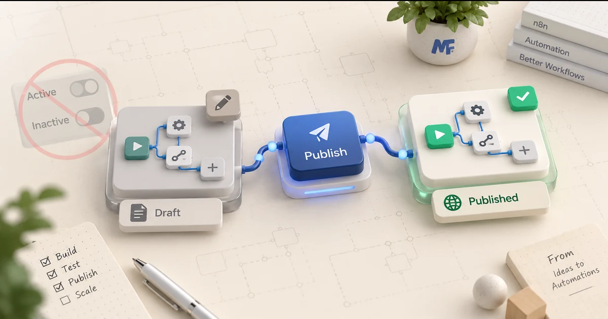 MetaFlowKit-style workflow desk showing draft changes connected through Publish to a live production workflow
